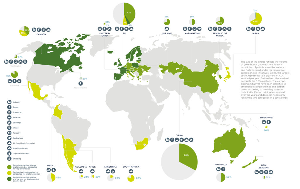 描绘为解决碳排放而实施的碳税的地图